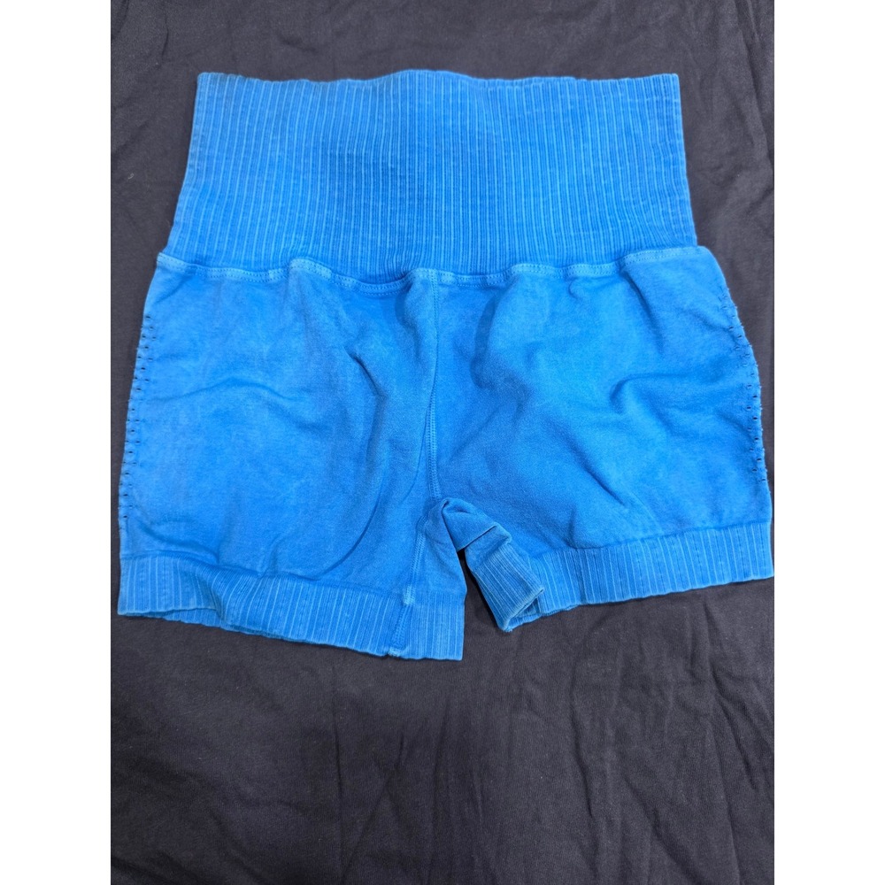 Free People Movement Good Karma High Rise Ribbed Shorts Blue Wash